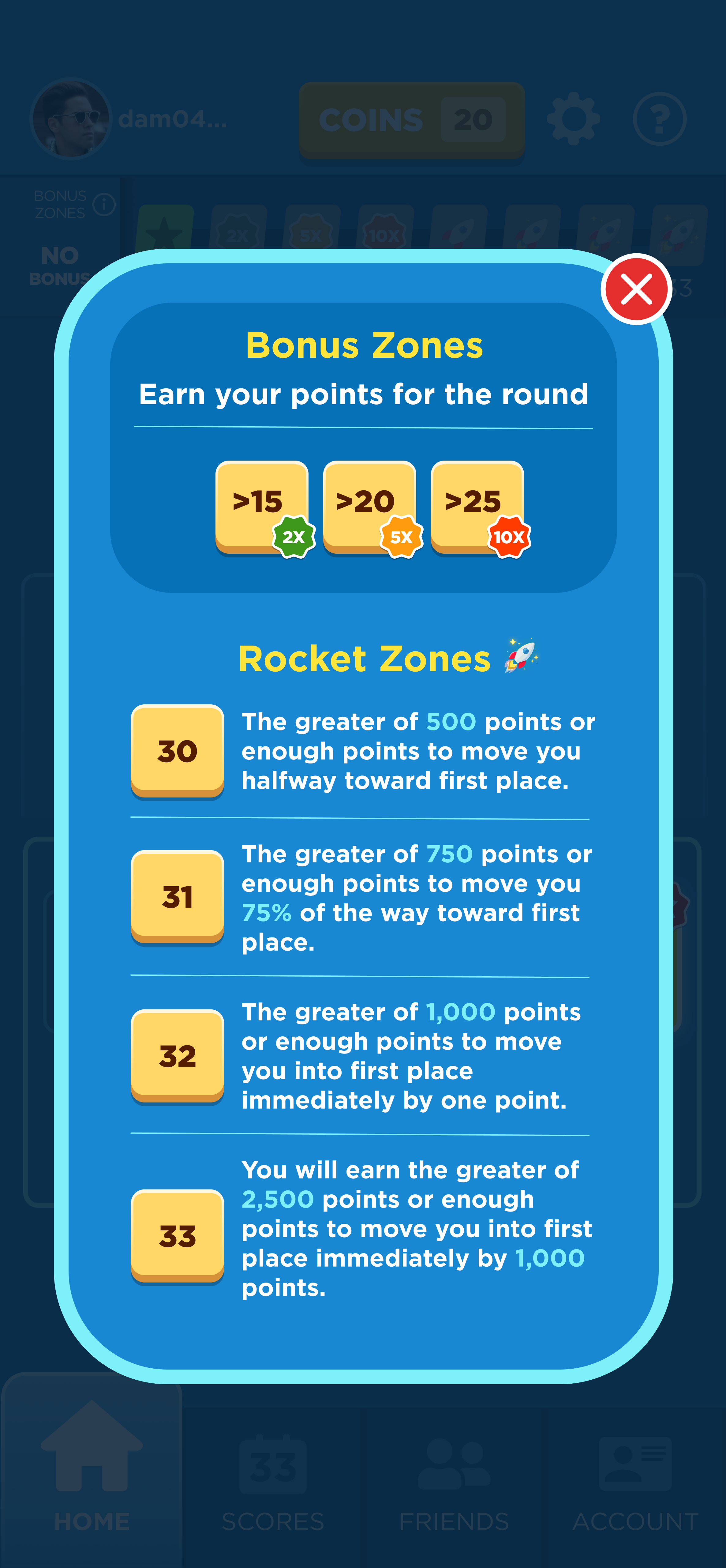33 Numbers bonus zone guide showing multiplier and rocket zones.